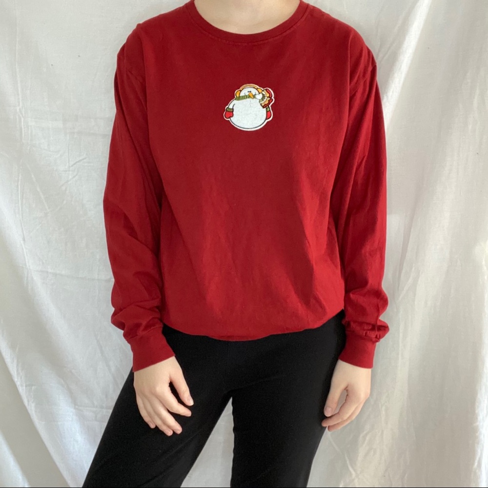 Christmas Snowman Patch Red Long Sleeve Tee - Picture 2 of 6